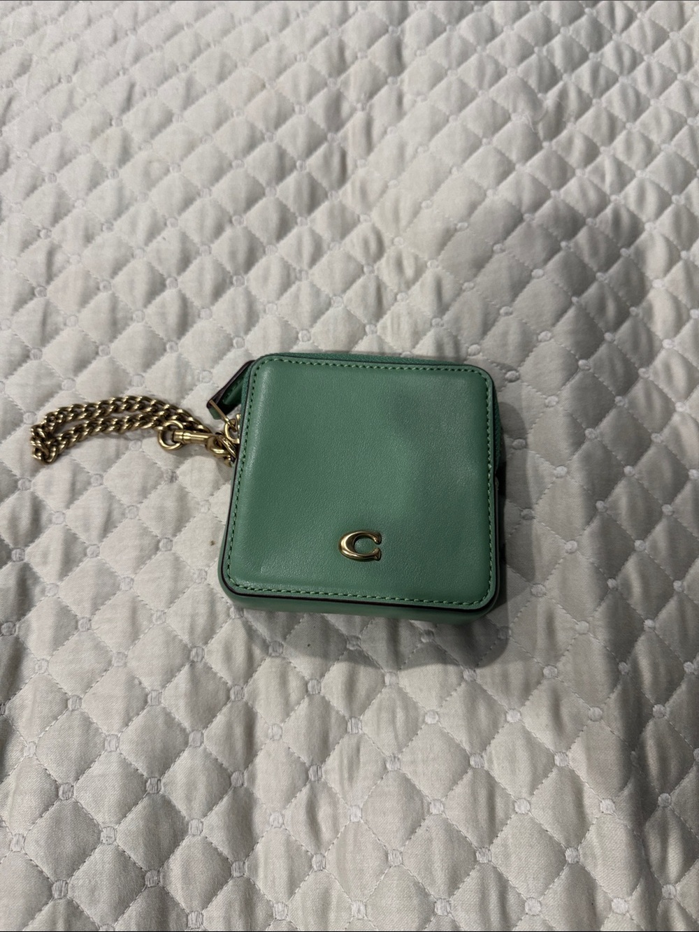 Coach Mint Green Leather Mini Square Key Pouch with Gold Chain